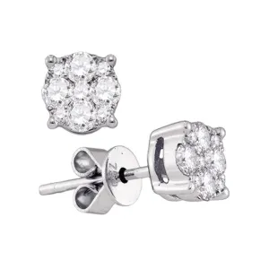 18K White Gold Round Diamond Cluster Stud Earrings 7/8 Cttw