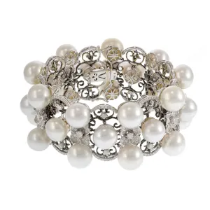 18kt White Gold, South Sea Pearl, and Diamond Three Row Bracelet with Flowers