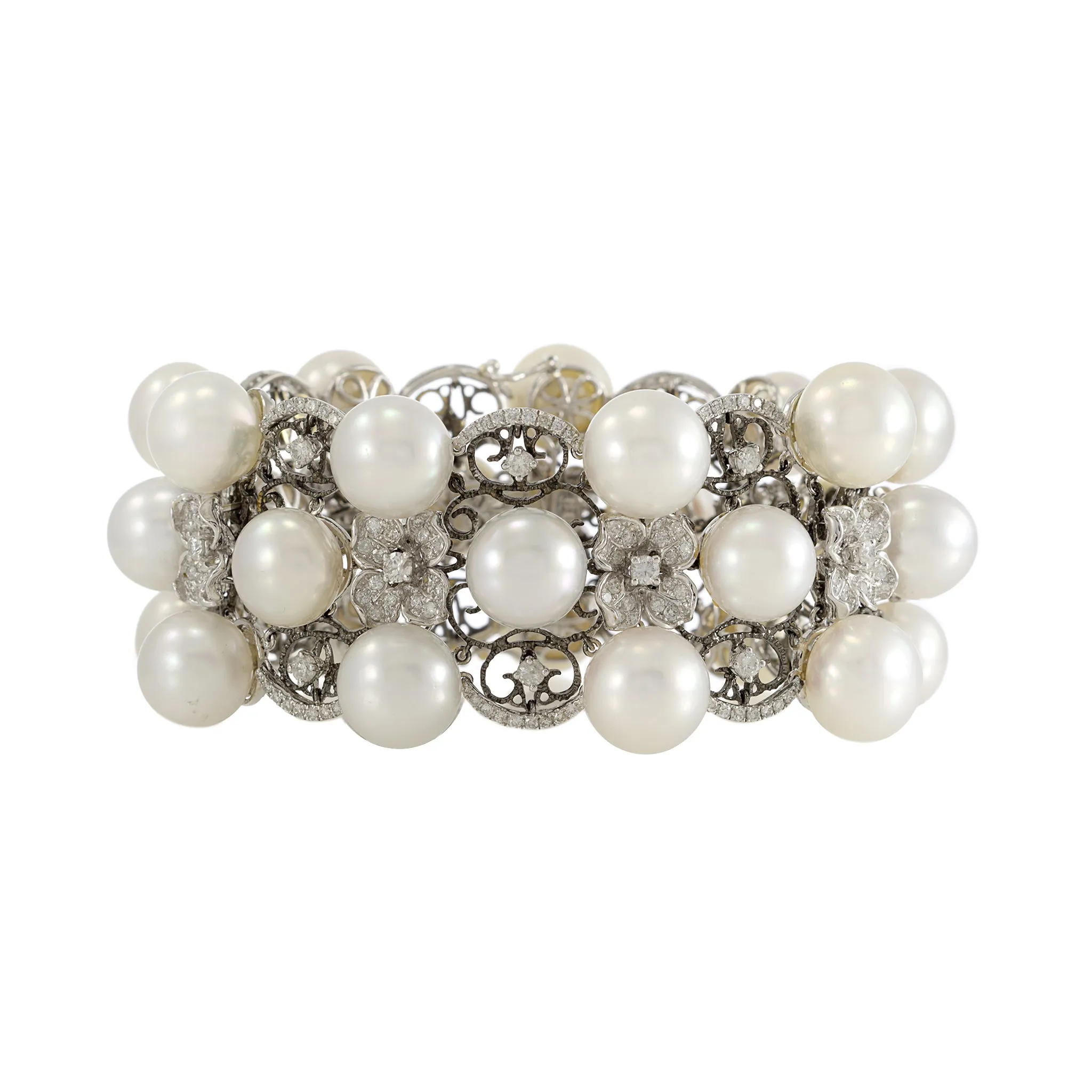 18kt White Gold, South Sea Pearl, and Diamond Three Row Bracelet with Flowers