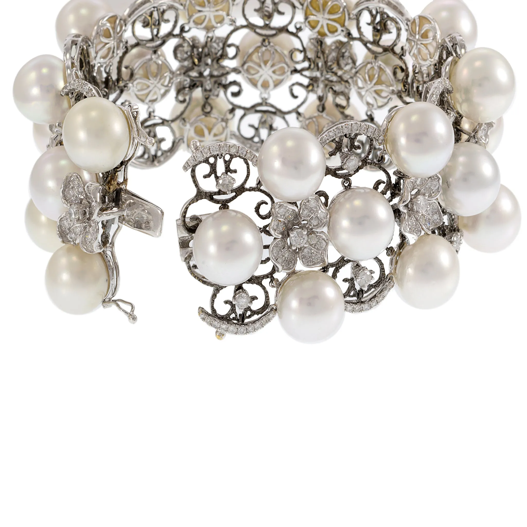 18kt White Gold, South Sea Pearl, and Diamond Three Row Bracelet with Flowers