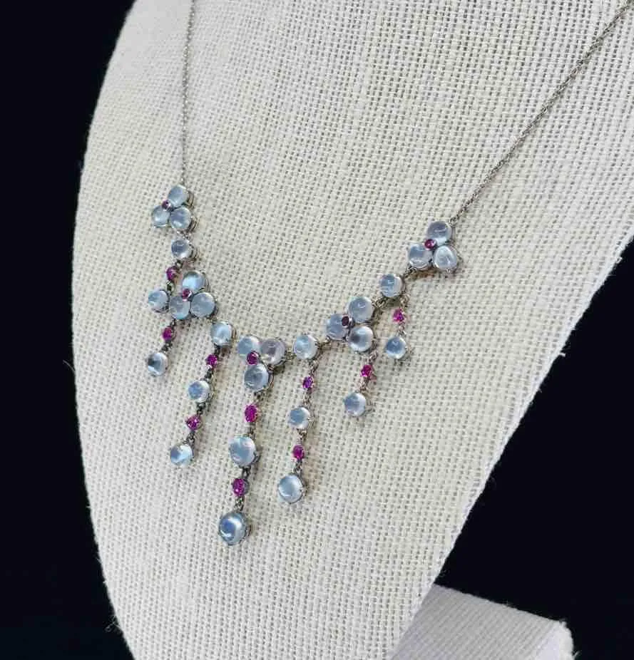 1920s Moonstone and Ruby Silver Fringe Necklace