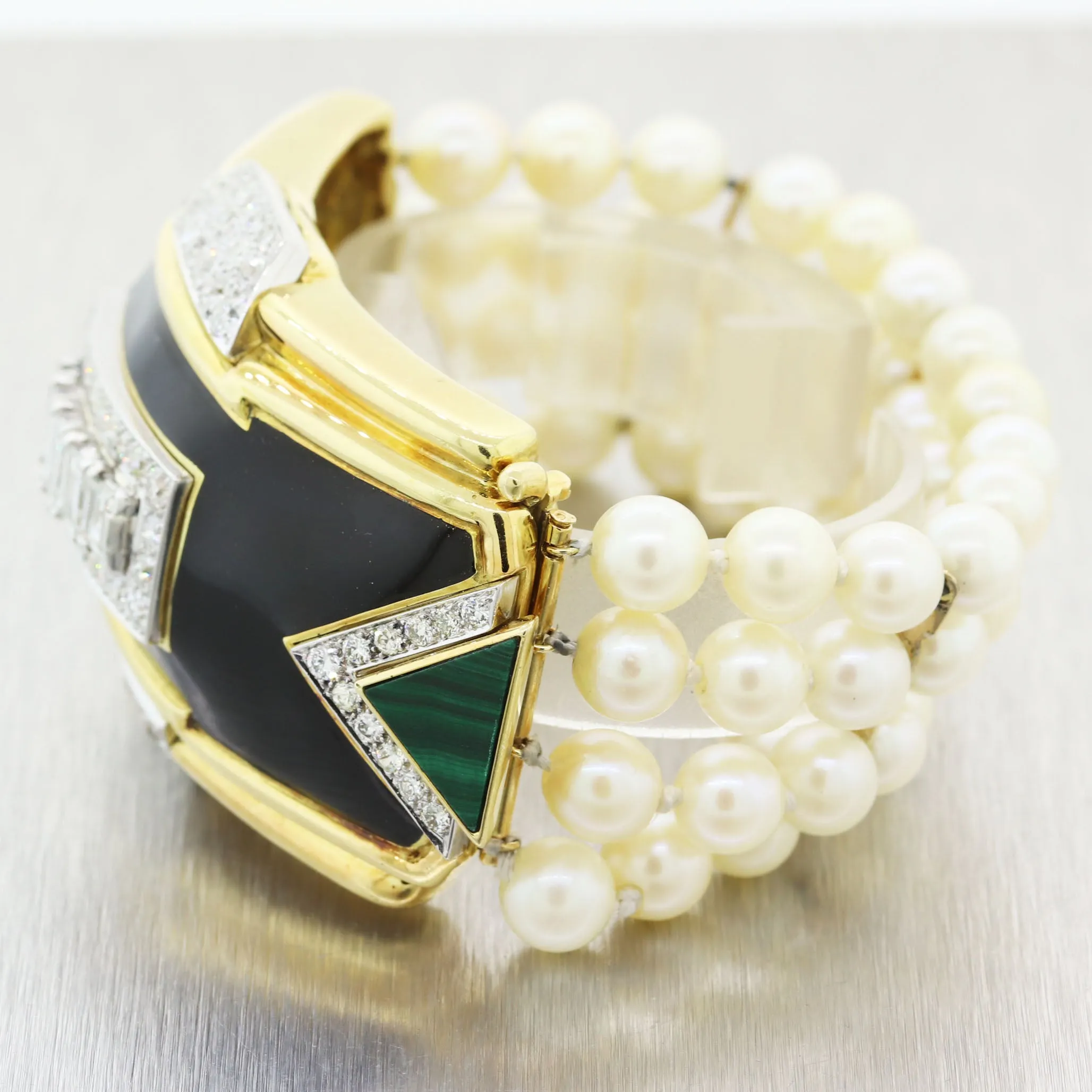 1980's Antique Art Deco Platinum & 18k Yellow Gold 10ctw Diamond Pearl Bracelet
