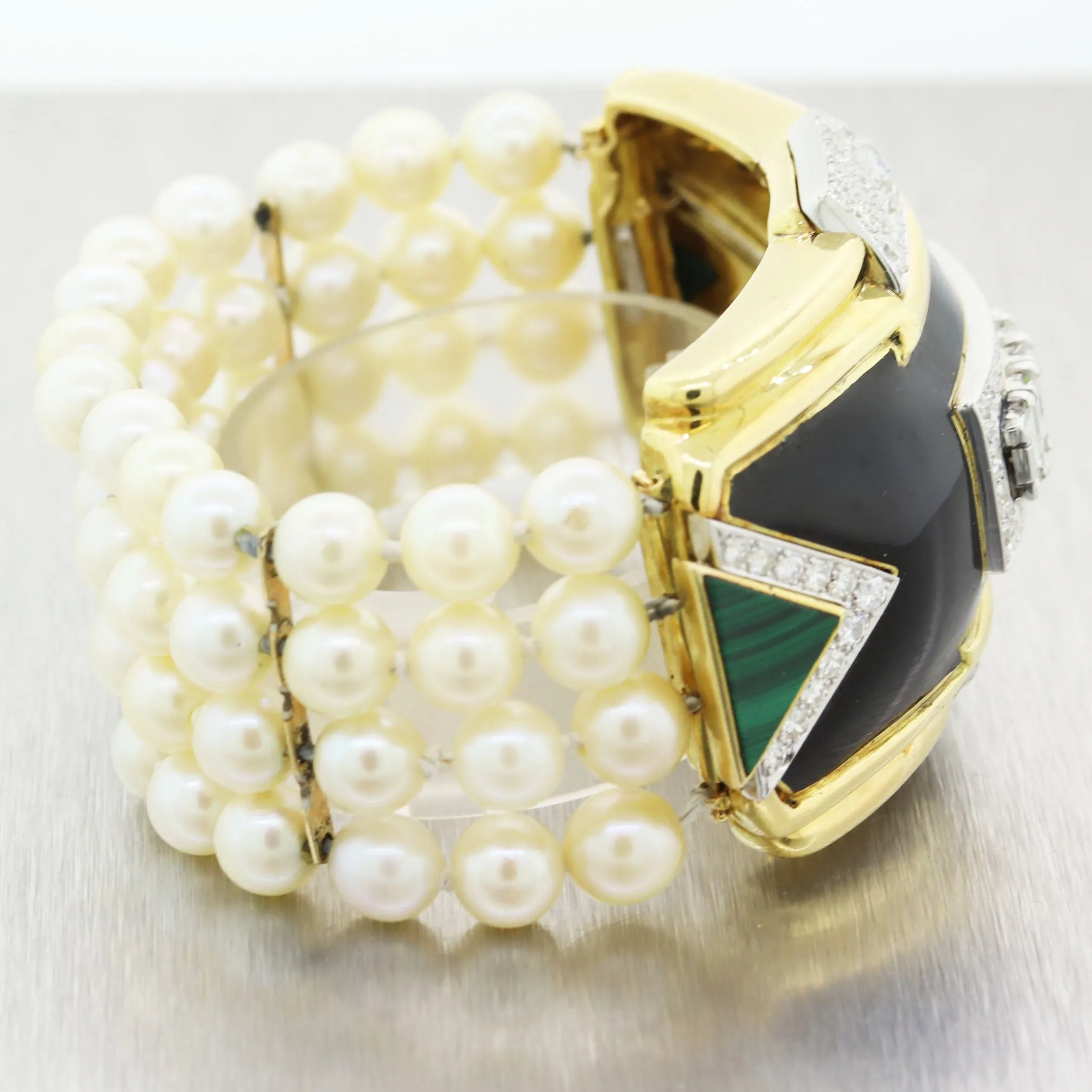 1980's Antique Art Deco Platinum & 18k Yellow Gold 10ctw Diamond Pearl Bracelet