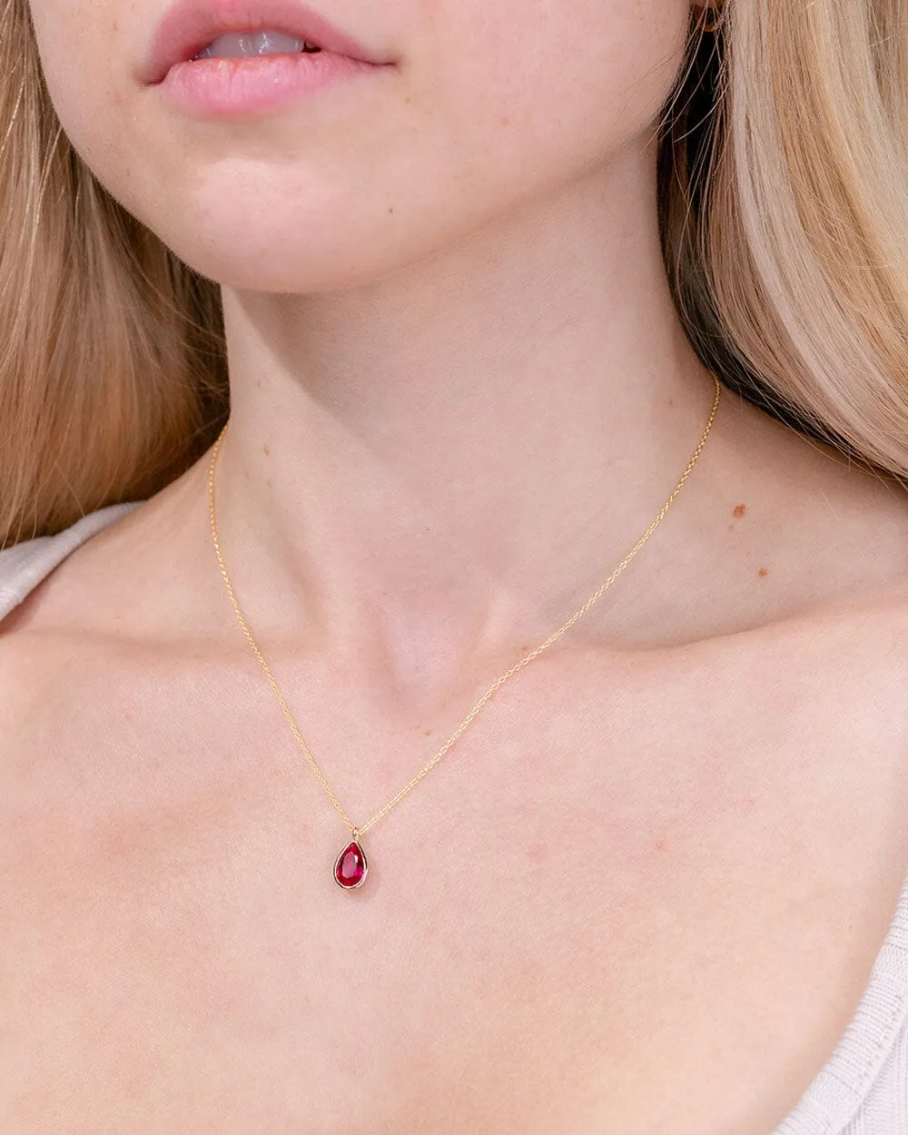 1ct Lab Ruby Pear Bezel Necklace