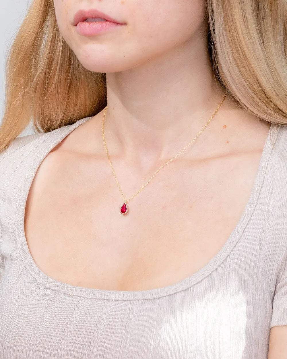 1ct Lab Ruby Pear Bezel Necklace