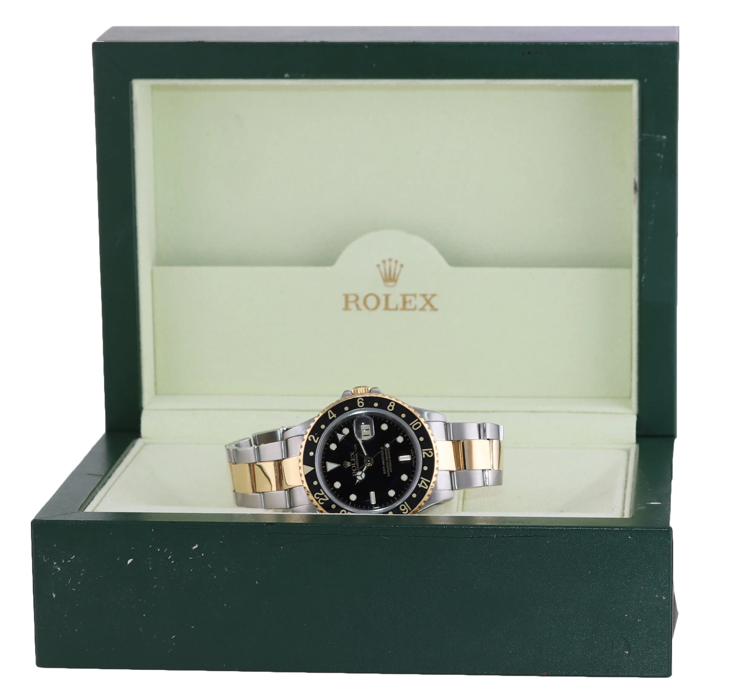 2002 Rolex GMT-Master II 16713 Two-Tone Gold Steel Date Black SEL 40mm Watch Box