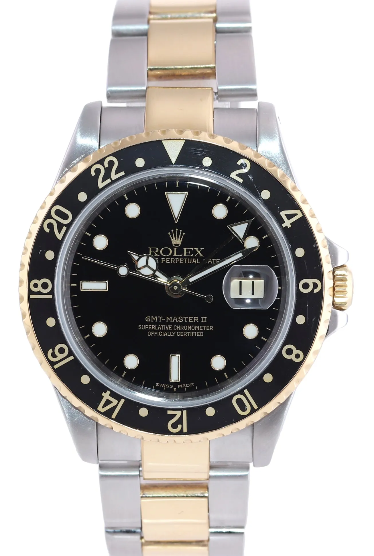 2002 Rolex GMT-Master II 16713 Two-Tone Gold Steel Date Black SEL 40mm Watch Box