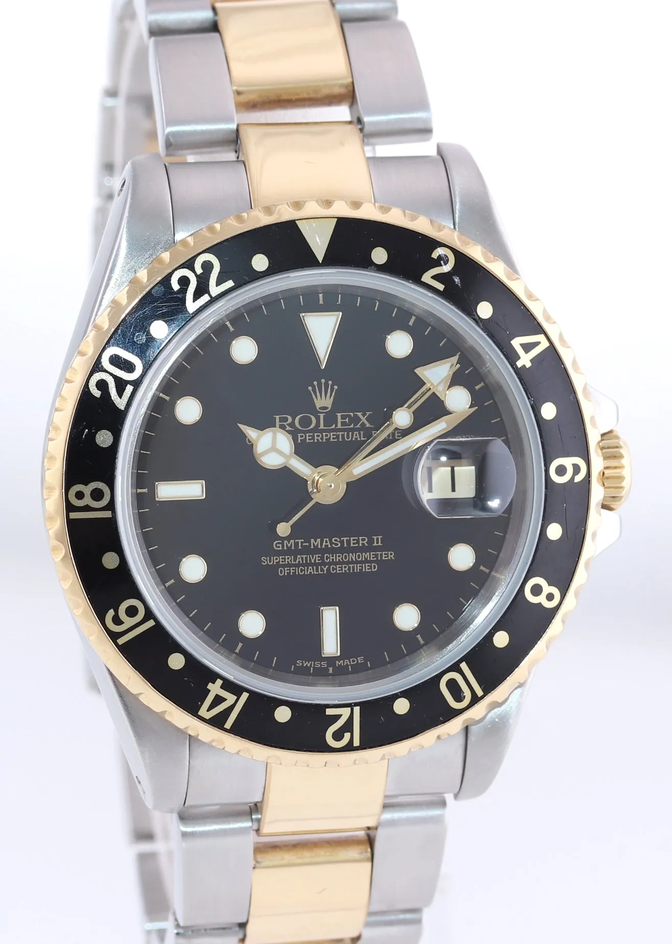 2002 Rolex GMT-Master II 16713 Two-Tone Gold Steel Date Black SEL 40mm Watch Box