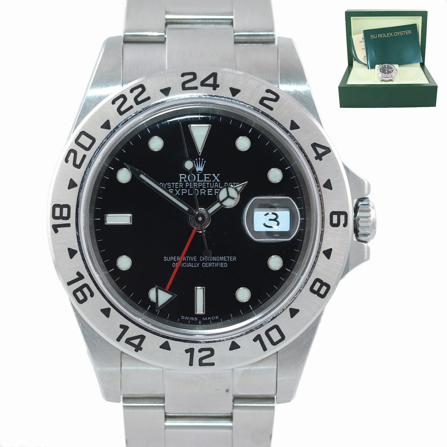 2005 NO HOLES Rolex Explorer II 16570 Stainless Steel Black Date GMT 40mm Watch