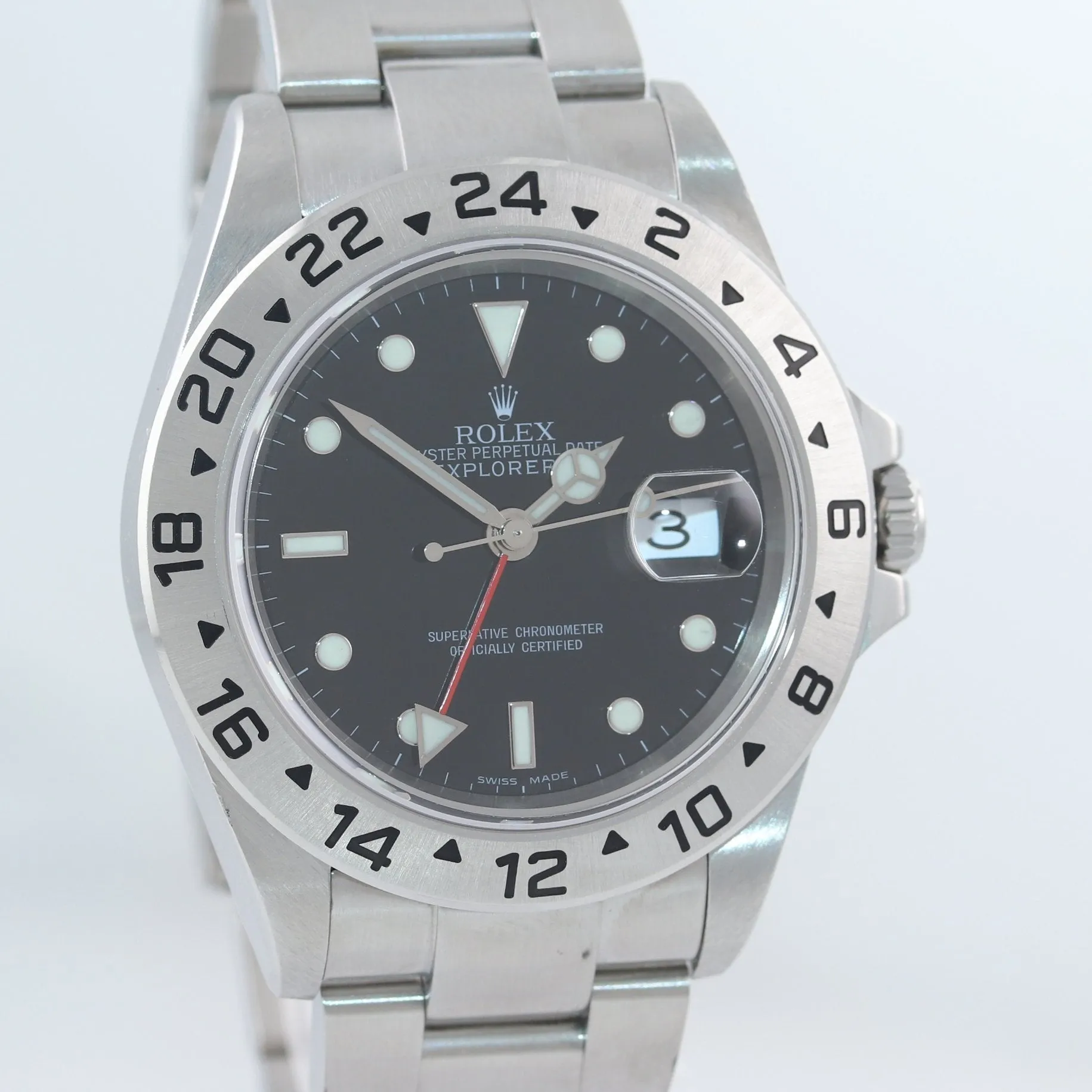 2005 NO HOLES Rolex Explorer II 16570 Stainless Steel Black Date GMT 40mm Watch