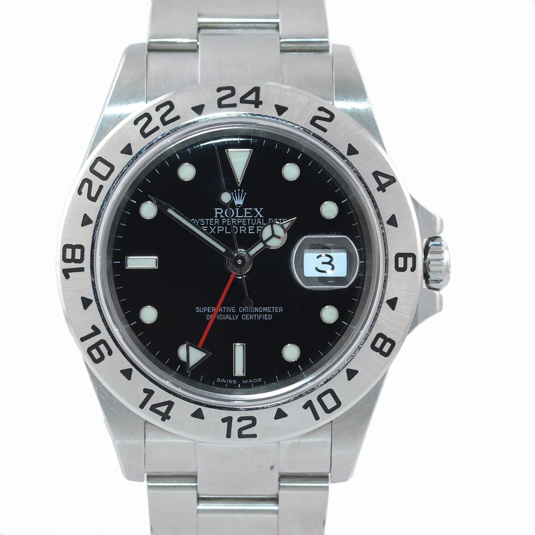 2005 NO HOLES Rolex Explorer II 16570 Stainless Steel Black Date GMT 40mm Watch