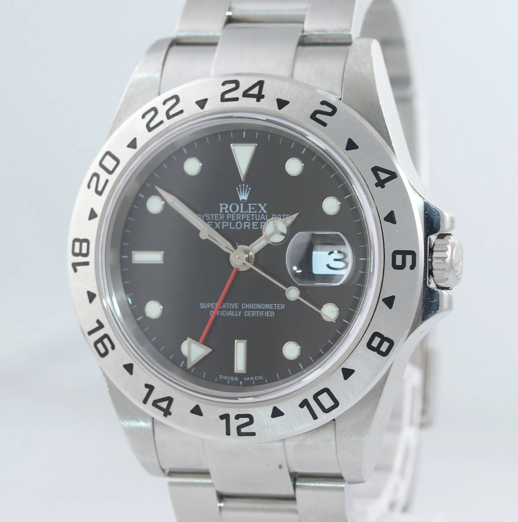 2005 NO HOLES Rolex Explorer II 16570 Stainless Steel Black Date GMT 40mm Watch
