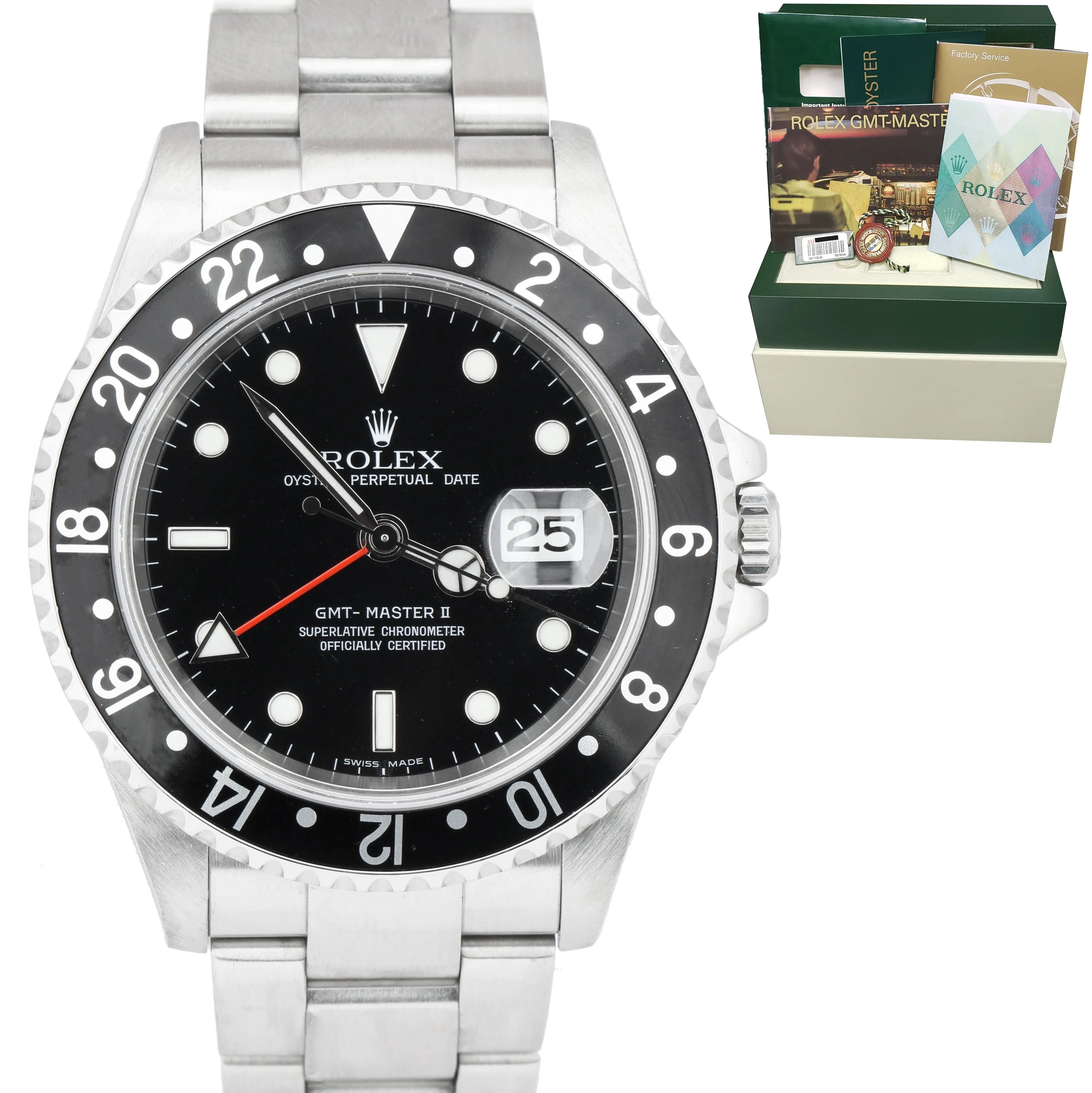 2007 Rolex GMT-Master II 40mm Stainless NO-HOLES Black 40mm Watch 16710 FULL SET