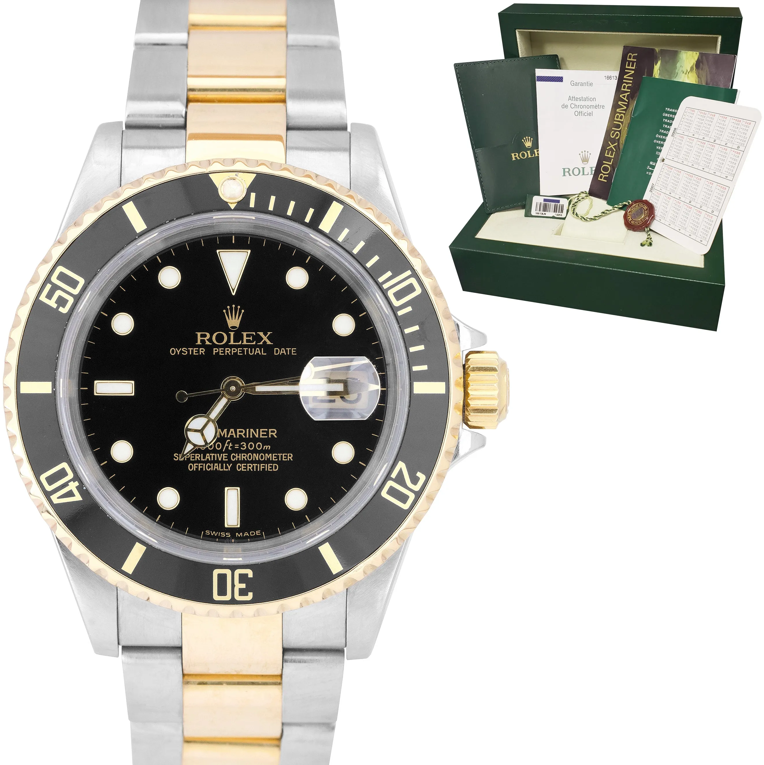 2007 Rolex Submariner Date Two-Tone Gold Black NO-HOLES Watch 16613 FULL SET