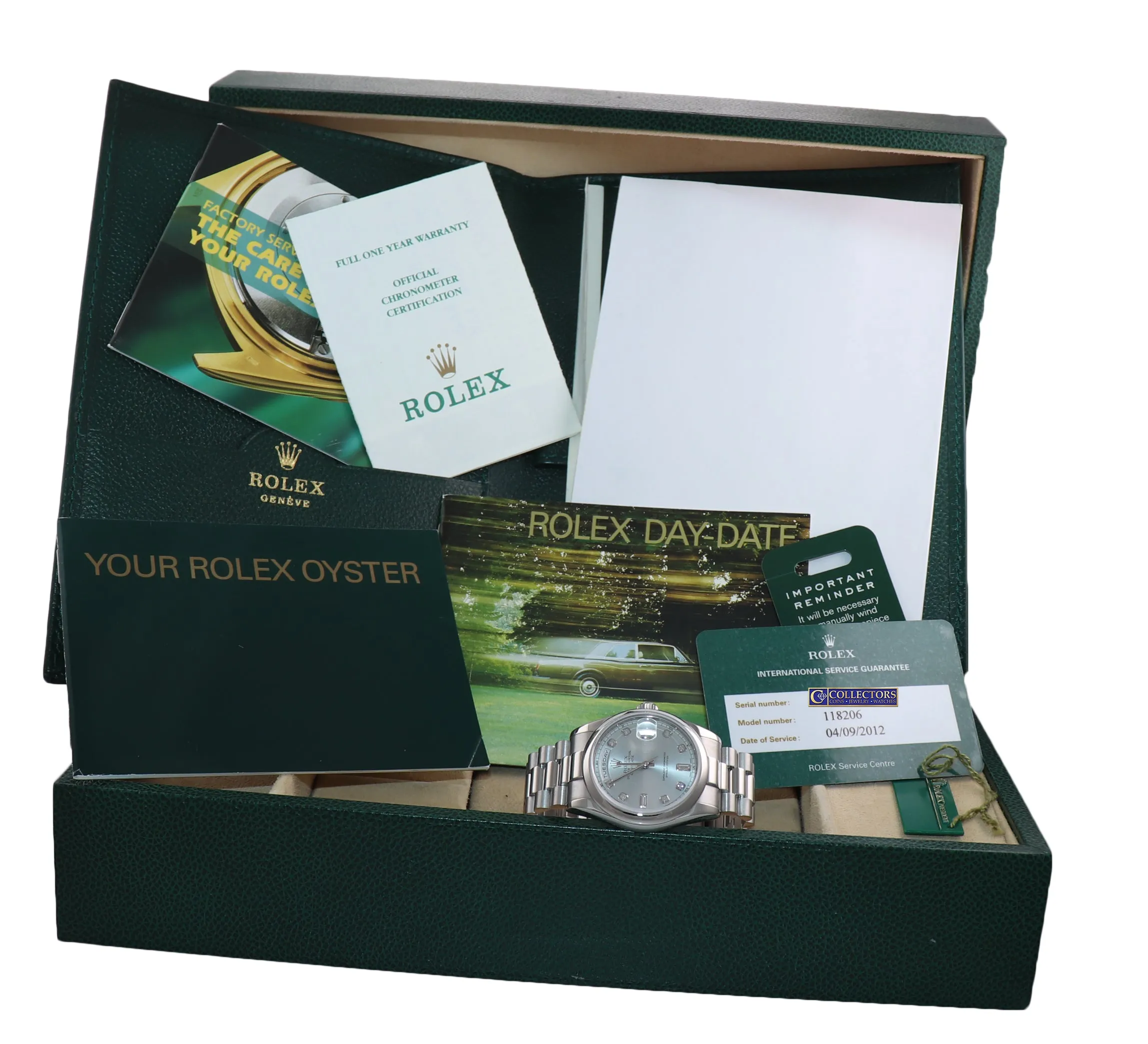 2012 RSC & PAPERS Rolex Platinum President 118206 Blue Glacier Diamond Watch Box