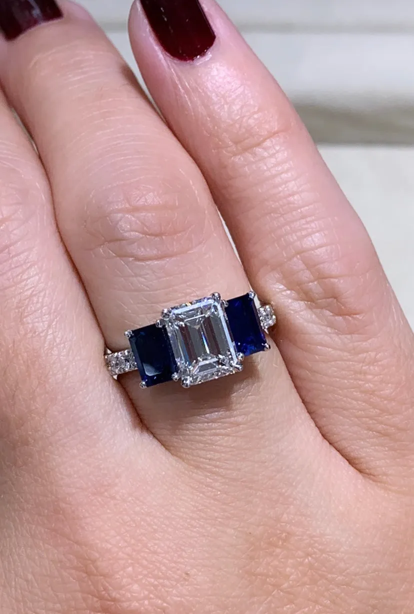2.01ct Emerald Cut Diamond & Sapphire Platinum Ring