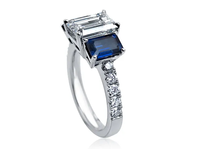 2.01ct Emerald Cut Diamond & Sapphire Platinum Ring