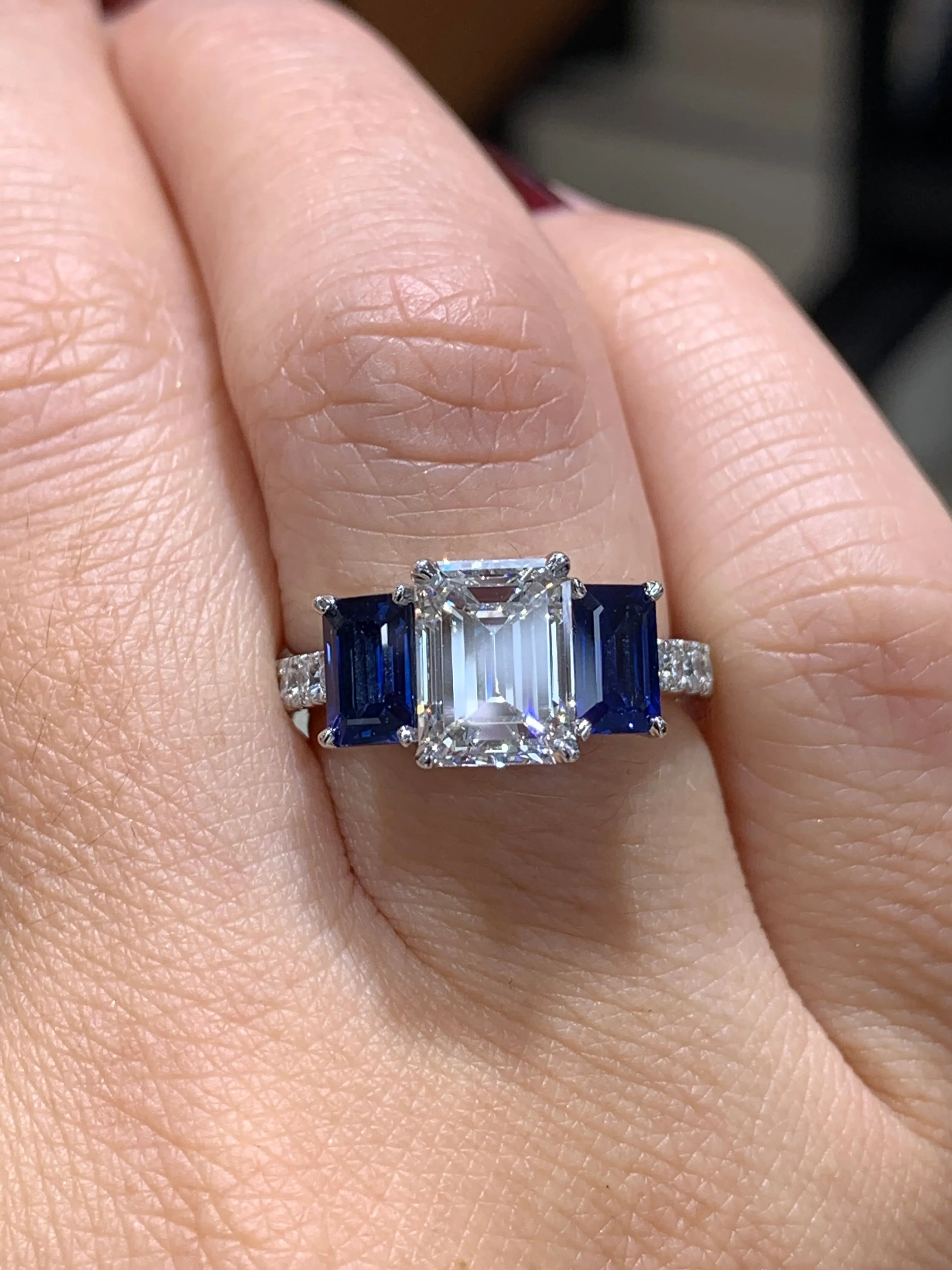 2.01ct Emerald Cut Diamond & Sapphire Platinum Ring