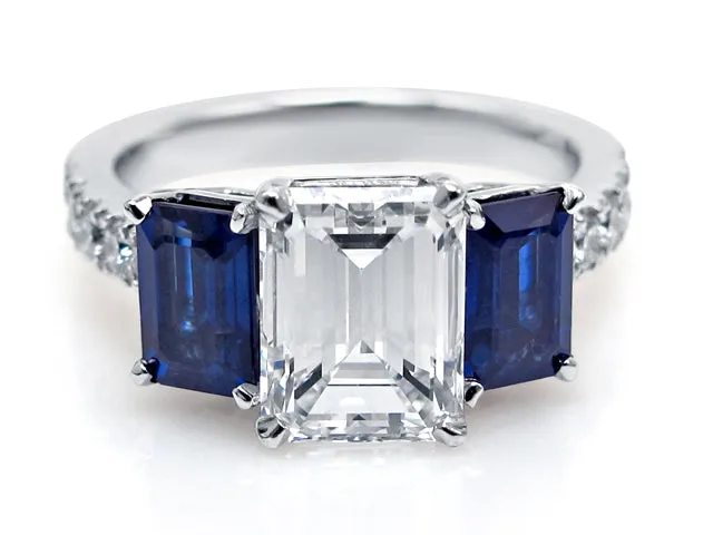 2.01ct Emerald Cut Diamond & Sapphire Platinum Ring