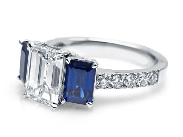 2.01ct Emerald Cut Diamond & Sapphire Platinum Ring