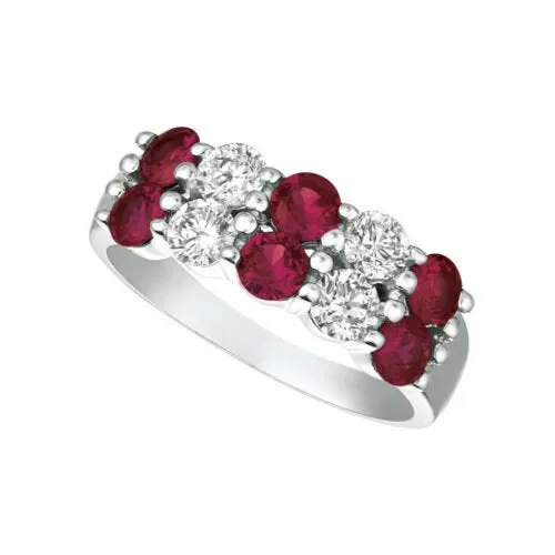 2.10 Carat Natural Ruby and Diamond 2 Rows Ring G SI 14K White Gold
