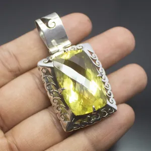 22g, Totally Handmade Natural Lemon Quartz Checker Oval Shape 925 Sterling Silver Pendant