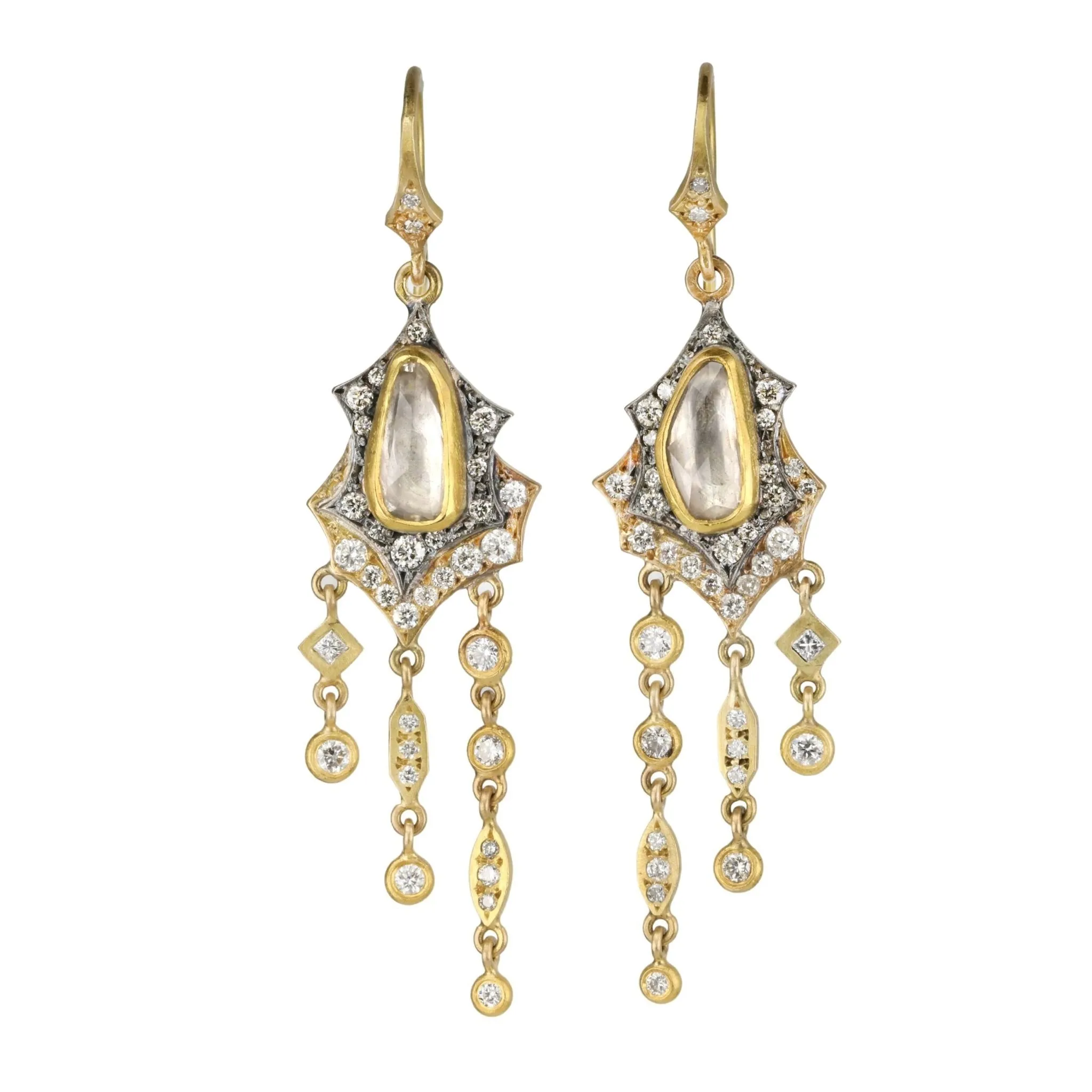 22K Gold & 18K White Gold "Double Scallop" White Sapphire & Diamond Earrings