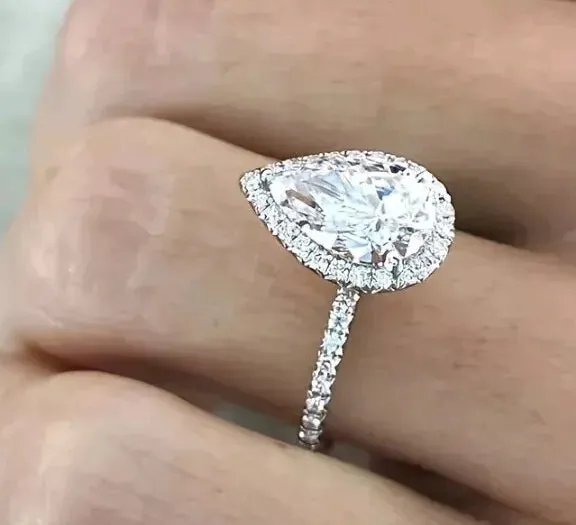 2.55ct White Pear Lab Created Moissanite Engagement Sterling Silver Ring Size 6-8