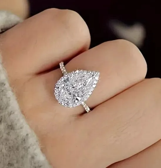 2.55ct White Pear Lab Created Moissanite Engagement Sterling Silver Ring Size 6-8