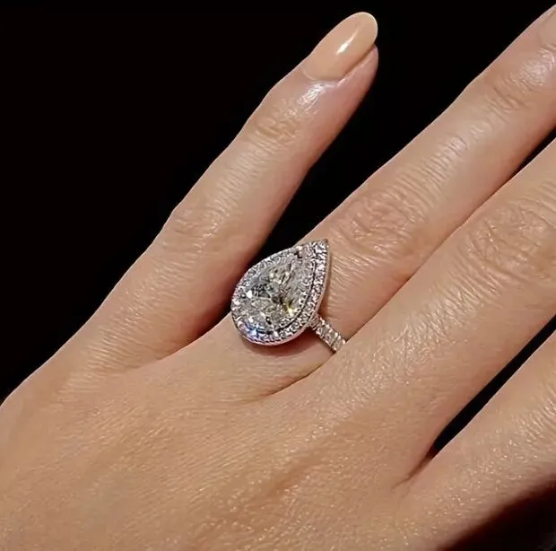 2.55ct White Pear Lab Created Moissanite Engagement Sterling Silver Ring Size 6-8