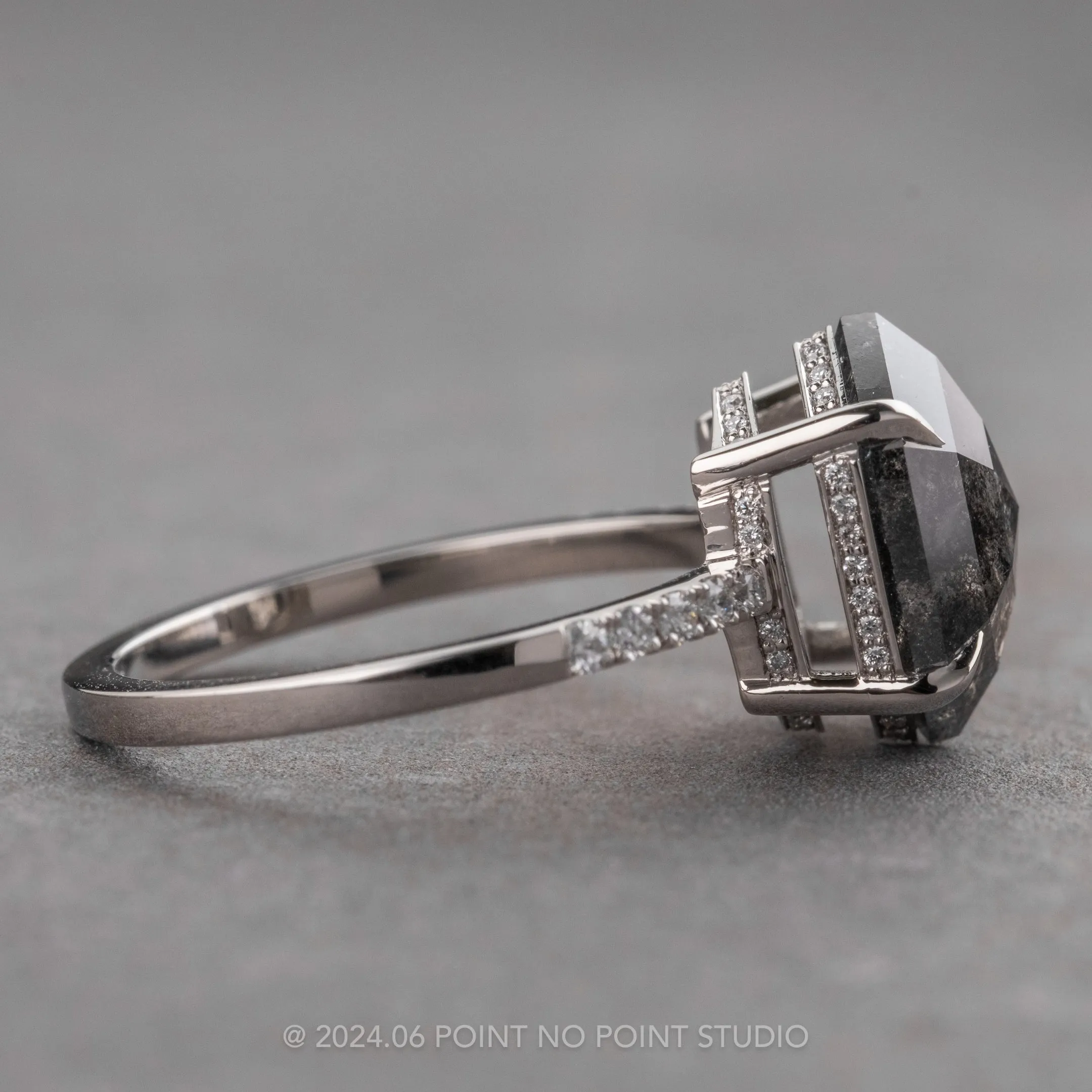 2.57 Carat Black Speckled Hexagon Diamond Engagement Ring, Juliette Setting, Platinum