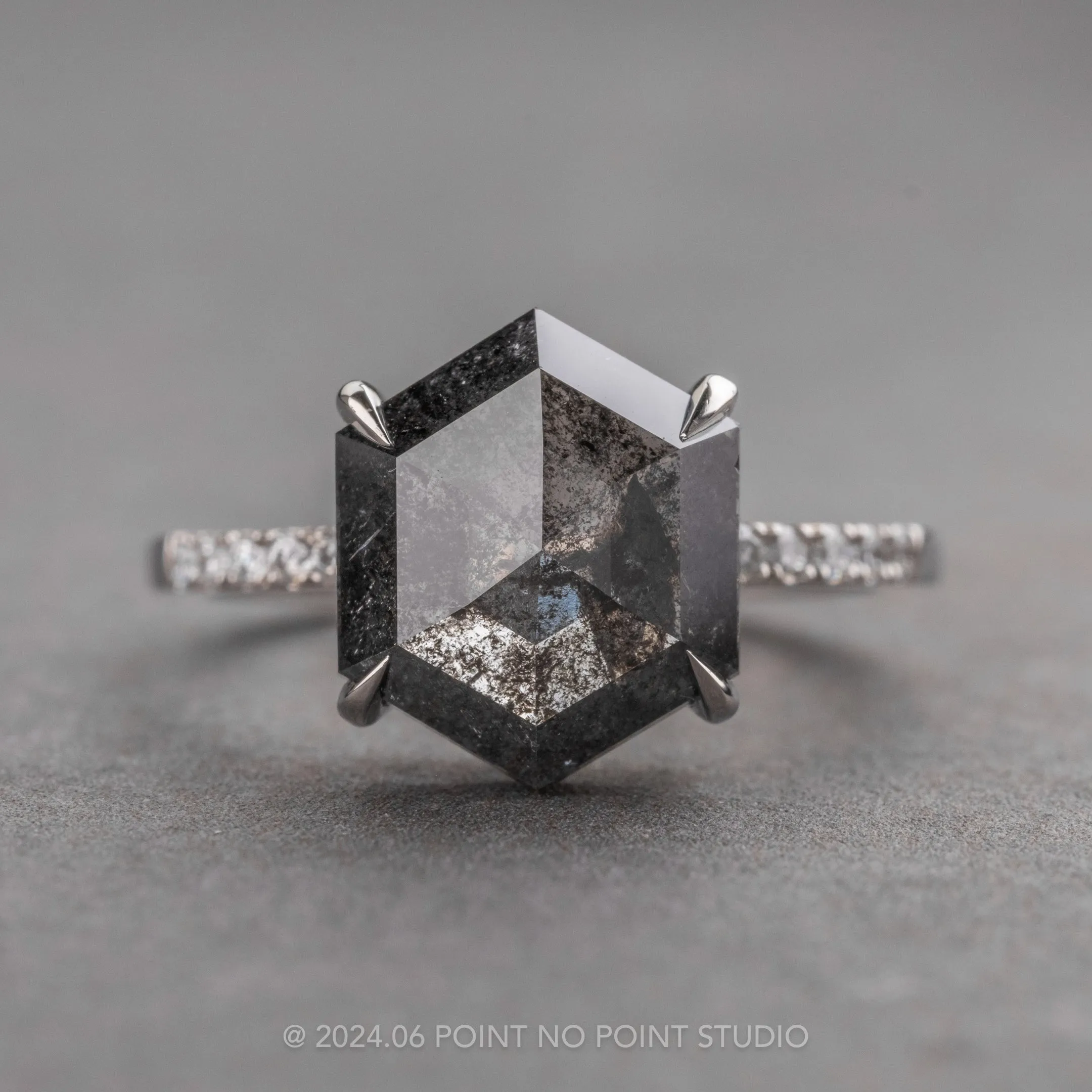 2.57 Carat Black Speckled Hexagon Diamond Engagement Ring, Juliette Setting, Platinum