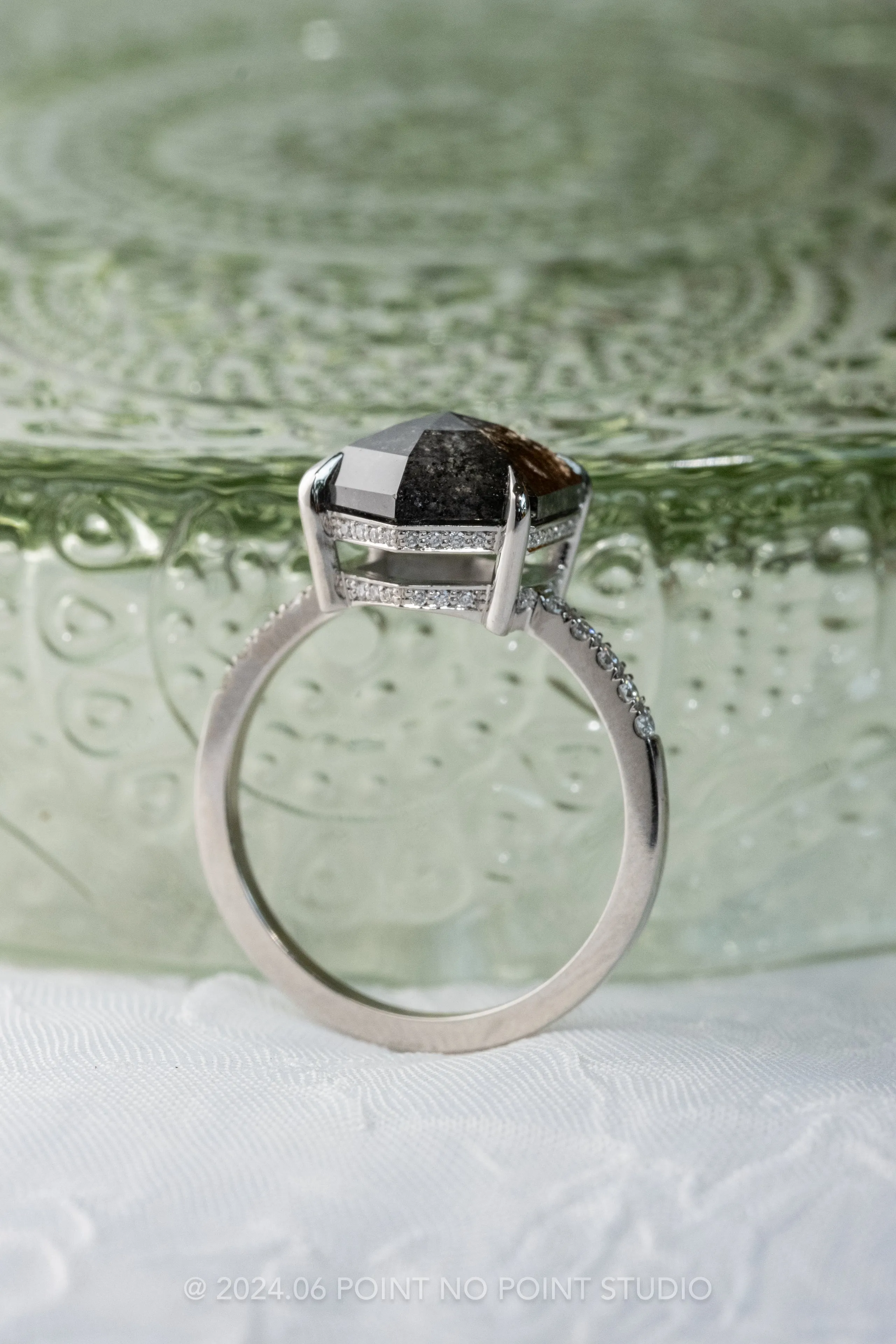 2.57 Carat Black Speckled Hexagon Diamond Engagement Ring, Juliette Setting, Platinum