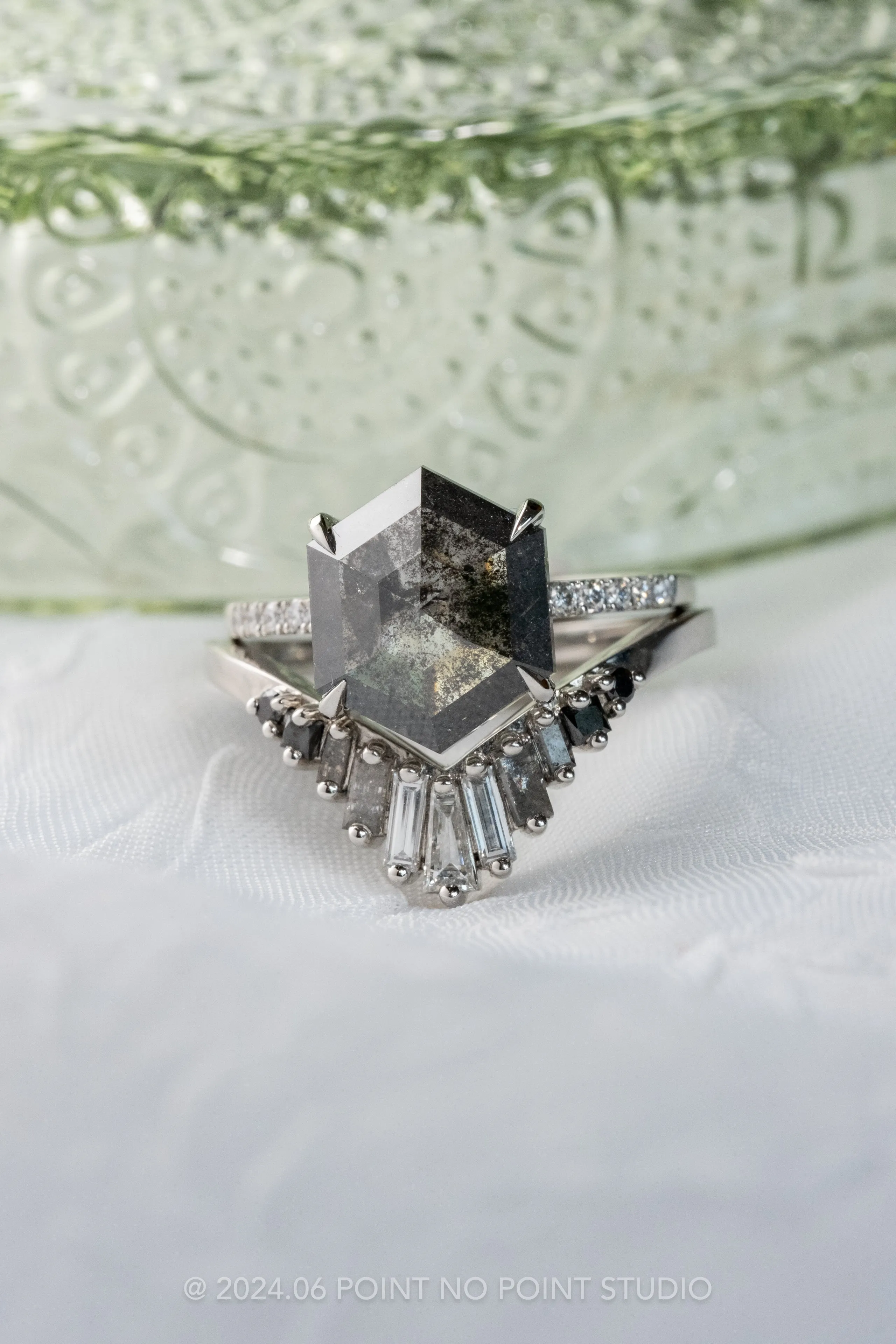 2.57 Carat Black Speckled Hexagon Diamond Engagement Ring, Juliette Setting, Platinum