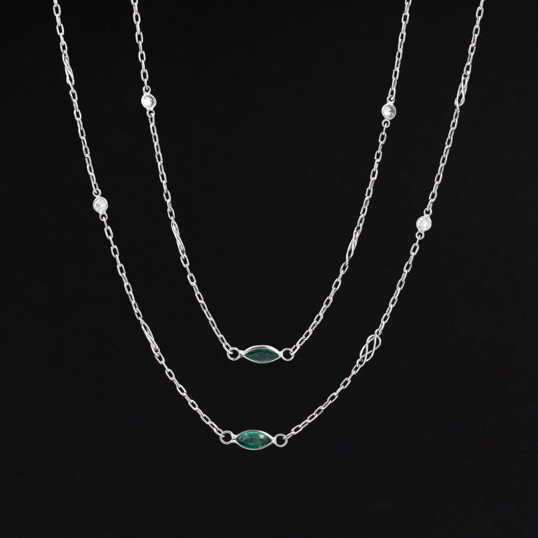 2.80ctw Long Chain Emerald & Diamond Station Necklace, 42"