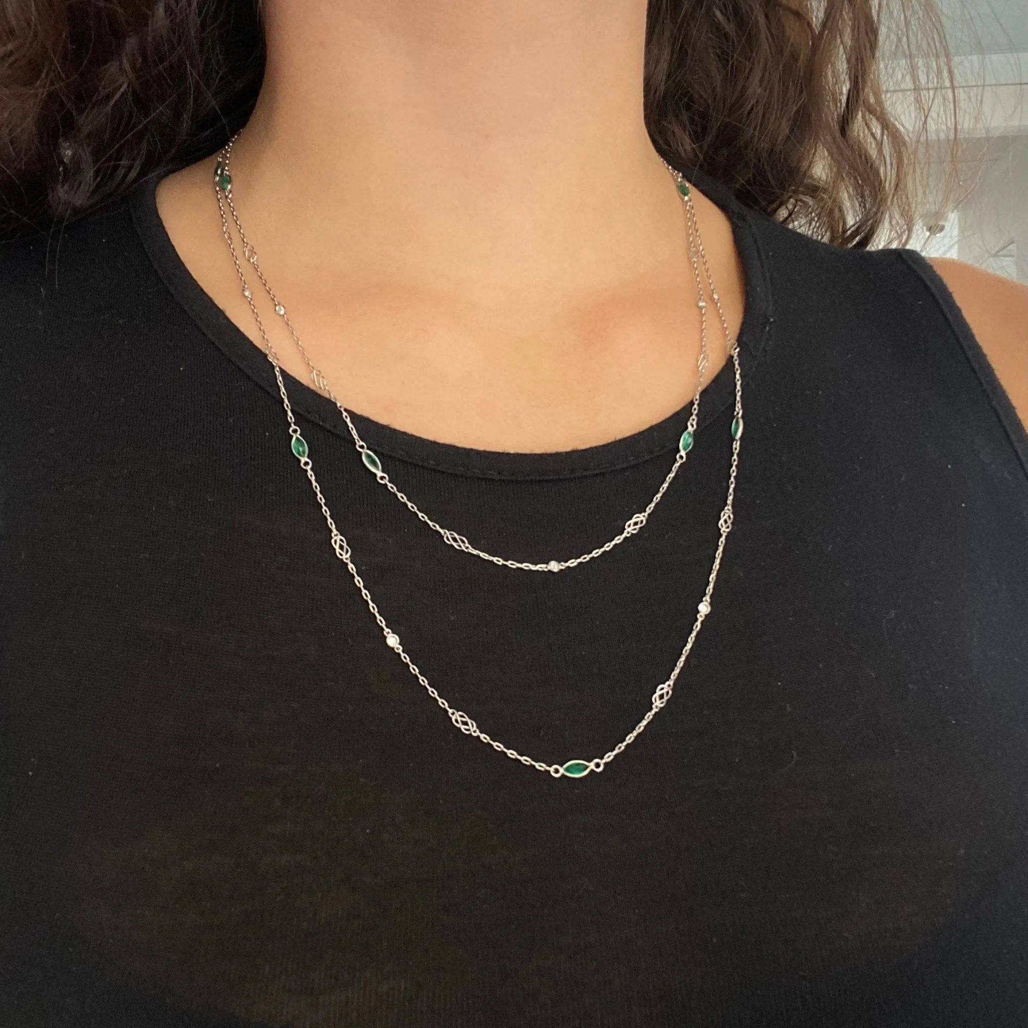 2.80ctw Long Chain Emerald & Diamond Station Necklace, 42"