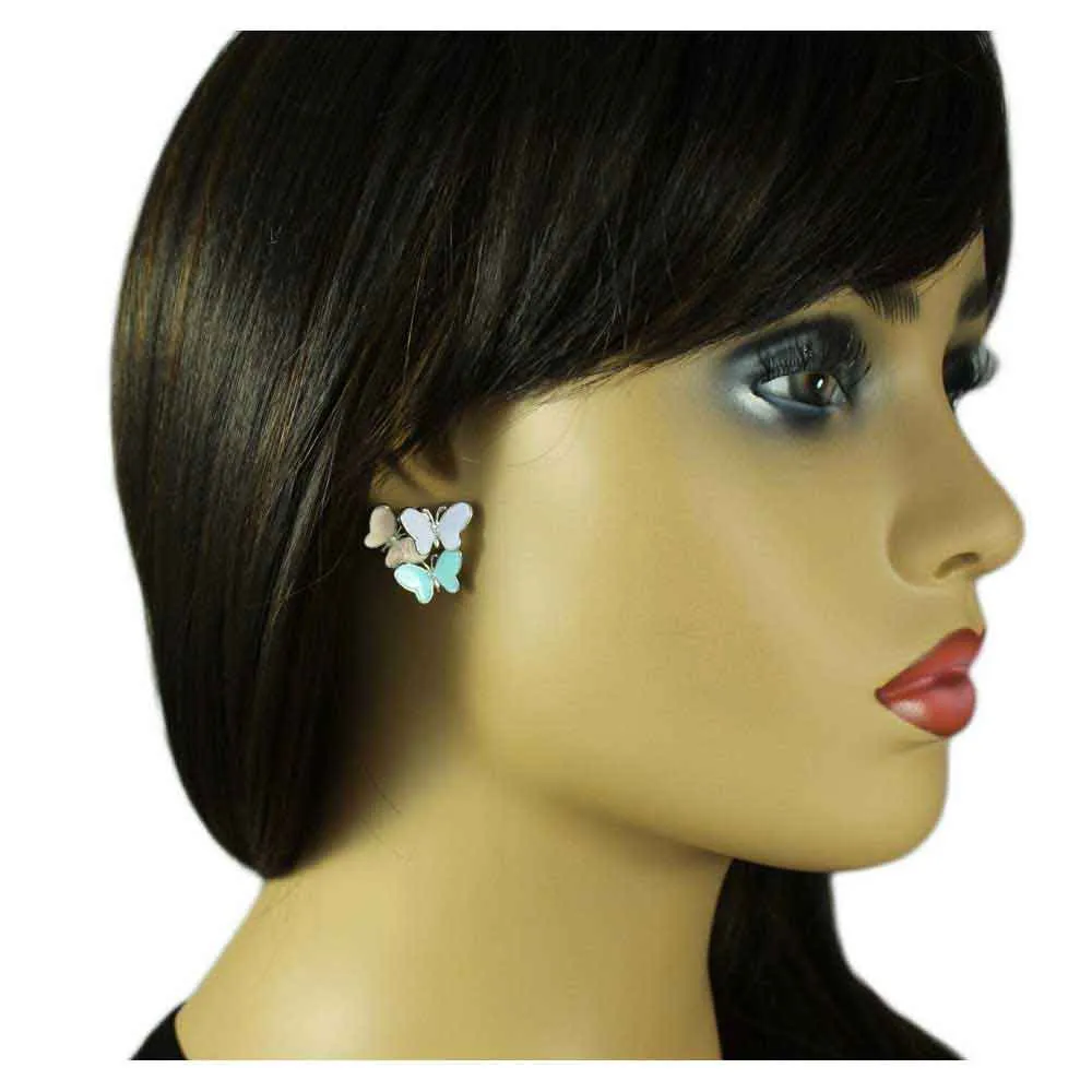 3 Pastel Enamel Butterflies Pierced Earring - FAP281E