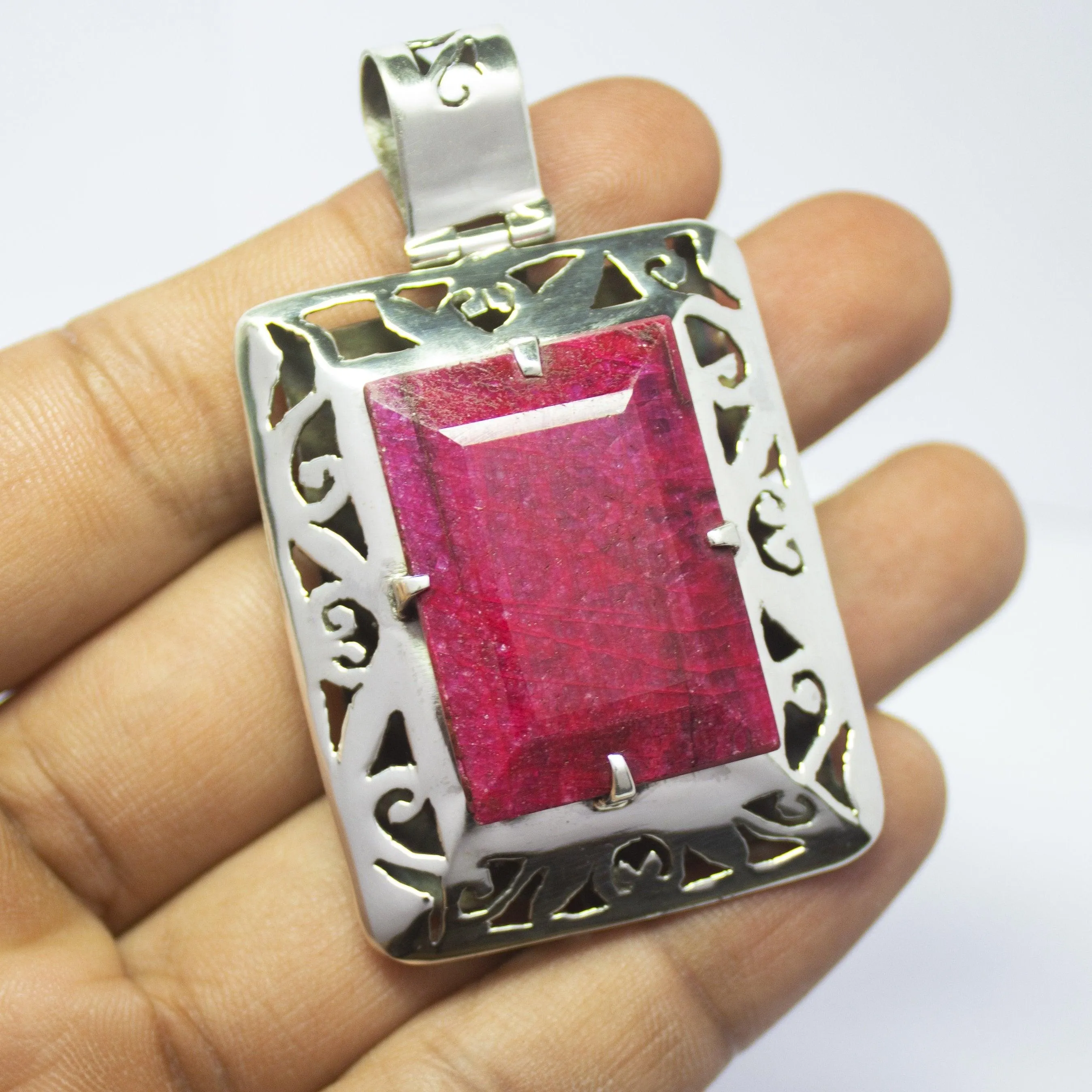 32.3g, Totally Handmade Natural Ruby Rectangle Shape 925 Sterling Silver Pendant
