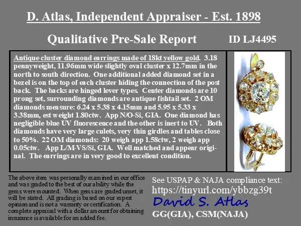 3.43ctw Antique Old Mine Cut Diamond Cluster Earrings Portuguese