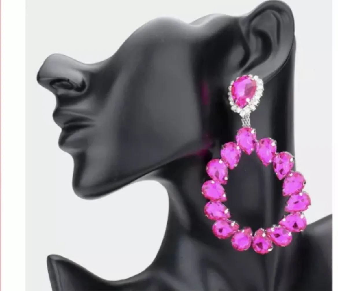 3.5 inch long big fuchsia pink earrings crystal hoop pageant prom dangle chandelier