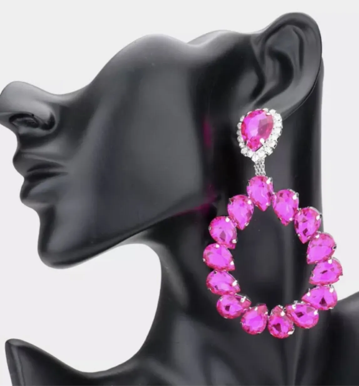 3.5 inch long big fuchsia pink earrings crystal hoop pageant prom dangle chandelier