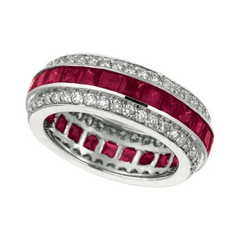 5.70 Carat Natural Ruby & Diamond Eternity Ring Band 14K White Gold