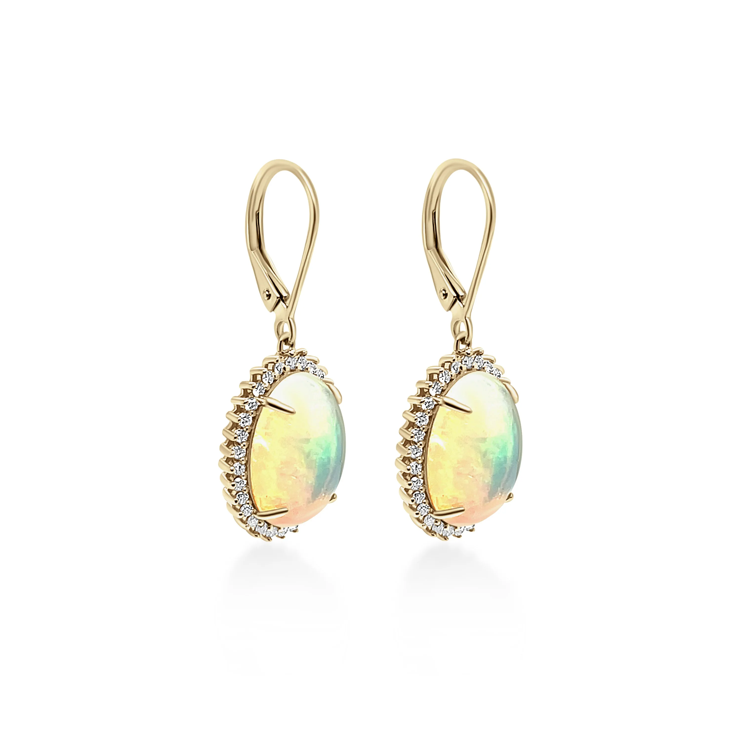 6.68 Cts White Opal and White Diamond Dangle Earring in 14K Yellow Gold
