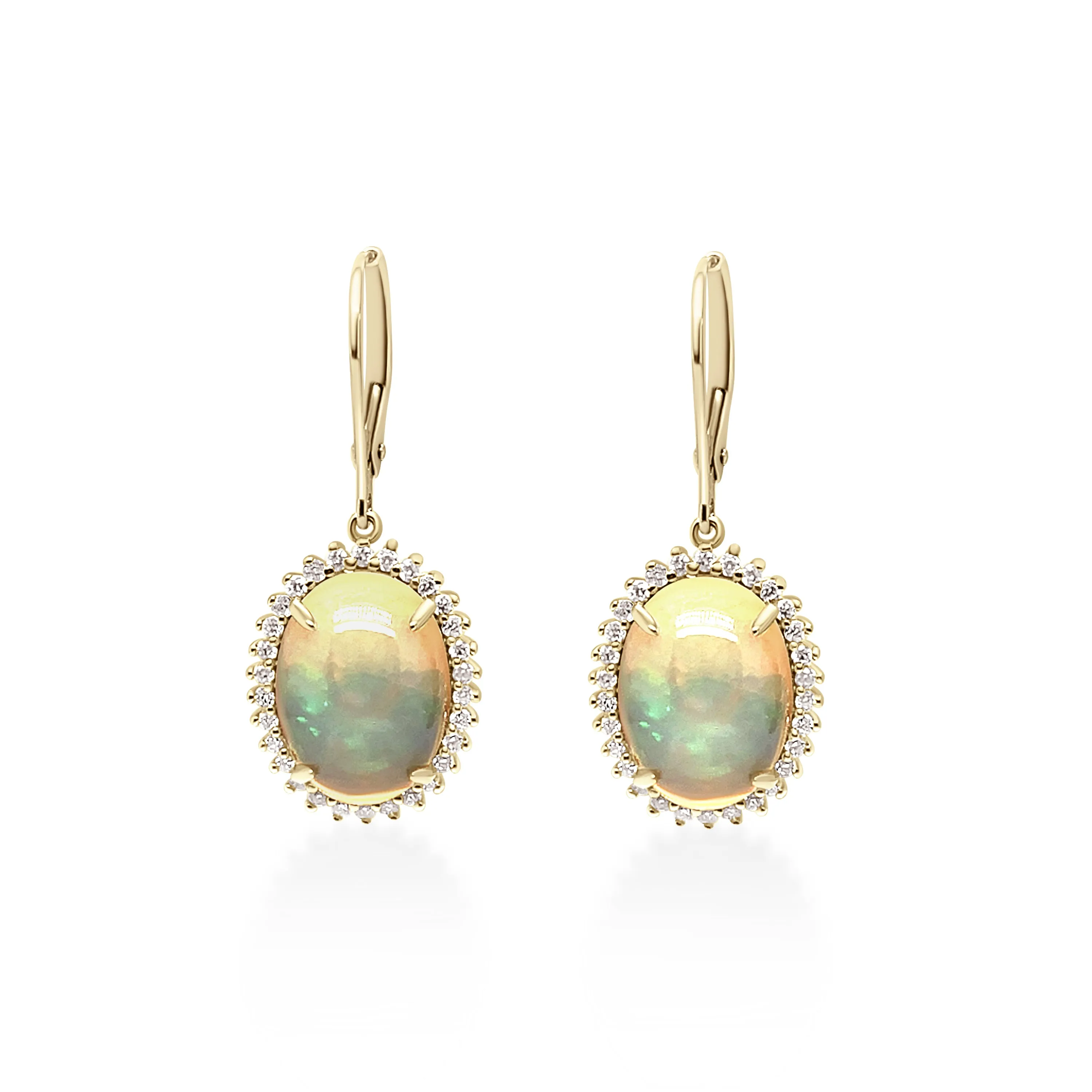 6.68 Cts White Opal and White Diamond Dangle Earring in 14K Yellow Gold