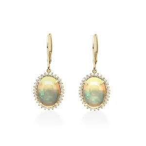 6.68 Cts White Opal and White Diamond Dangle Earring in 14K Yellow Gold
