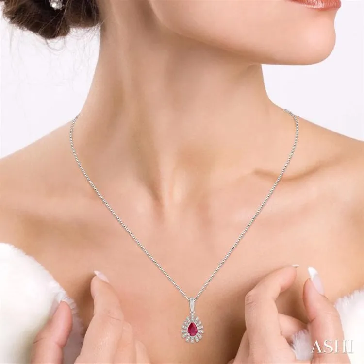 6x4 MM Bar Accent Pear Shape Ruby and 1/8 ctw Round Cut Diamond Precious Pendant With Chain in 10K White Gold