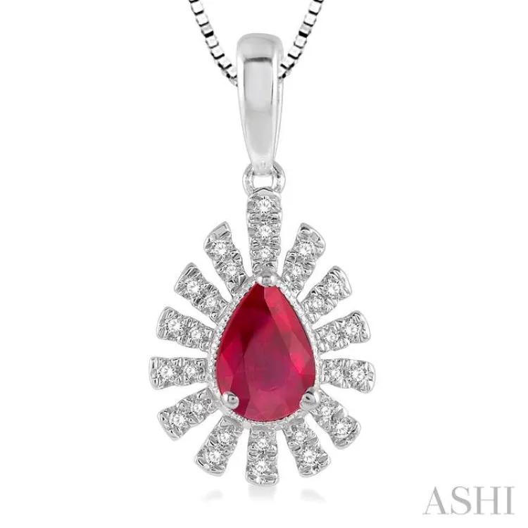 6x4 MM Bar Accent Pear Shape Ruby and 1/8 ctw Round Cut Diamond Precious Pendant With Chain in 10K White Gold
