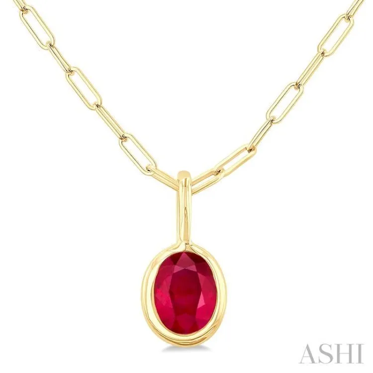 6x4 MM Bezel Set Oval Cut Ruby Precious Fashion Pendant With Paperclip Chain in 14K Yellow Gold