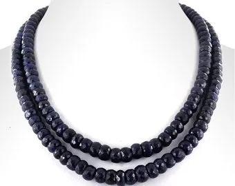 8 mm, 2 Row, Round Faceted Blue Sapphire Gemstone Necklace