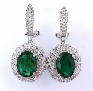 8.35ct Natural Oval Emeralds Diamond Dangle Earrings 18kt Halo Cluster